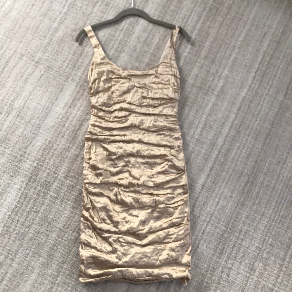 Nicole Miller Champagne Ruched Midi Dress